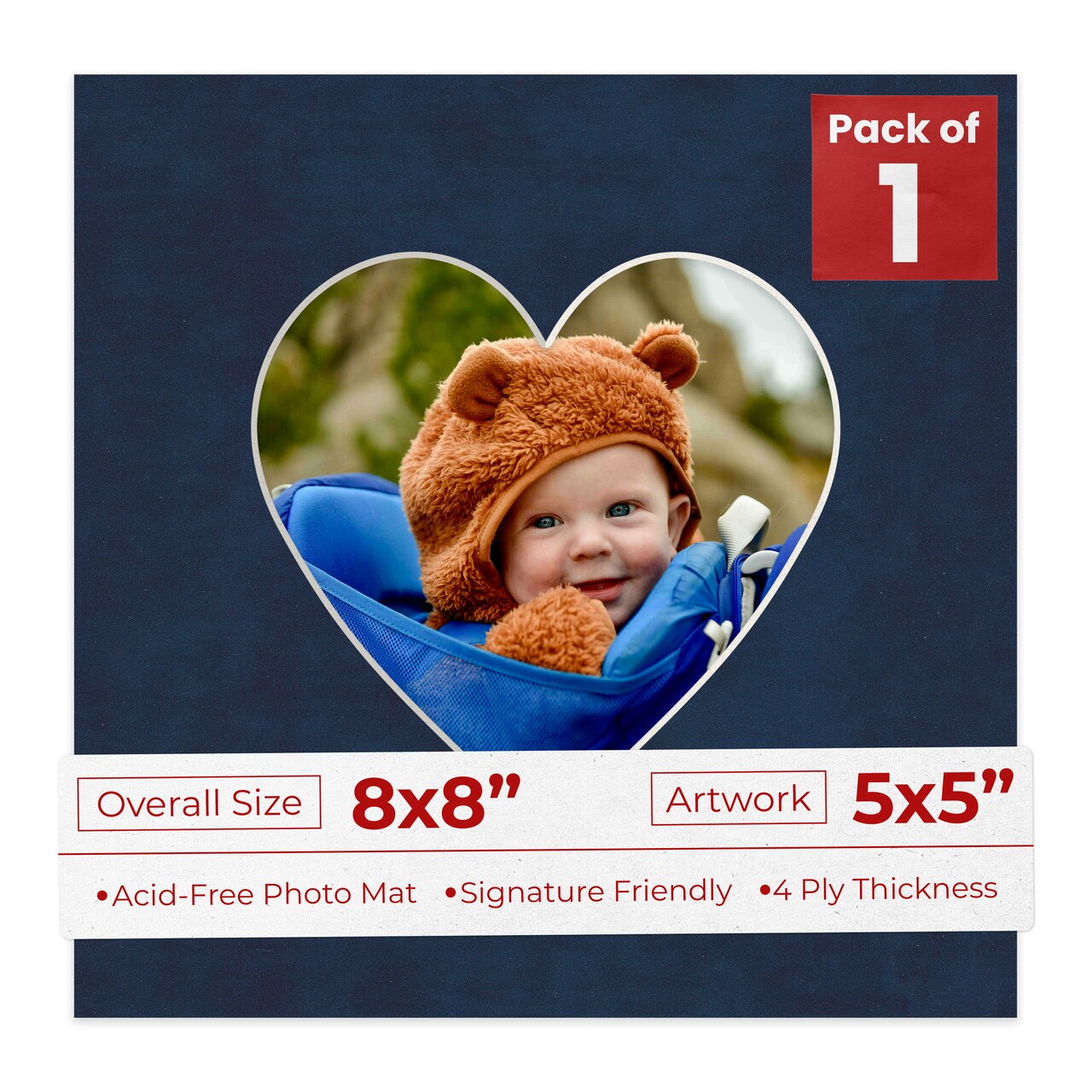 Navy Suede Mat Board for 8x8 Frames - Heart Opening for 5x5 Photos